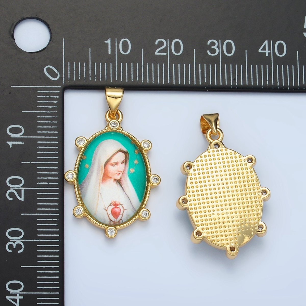 24K Gold Filled Virgin Mother Mary Sacred Heart Cubic Zirconia Oval Religious Pendant | AA - 902 - DLUXCA