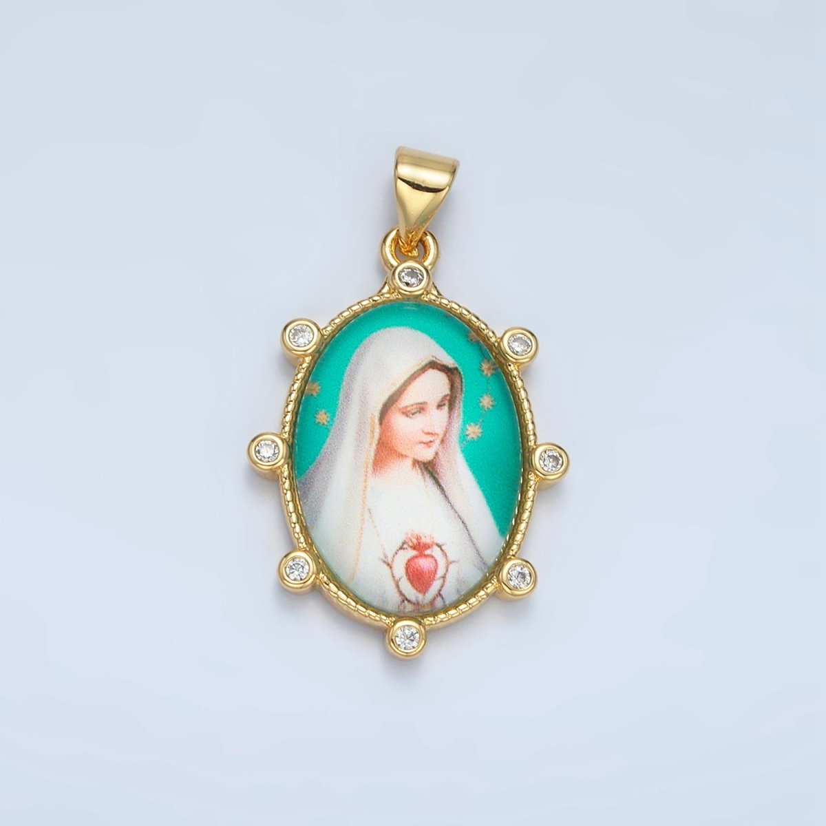 24K Gold Filled Virgin Mother Mary Sacred Heart Cubic Zirconia Oval Religious Pendant | AA - 902 - DLUXCA