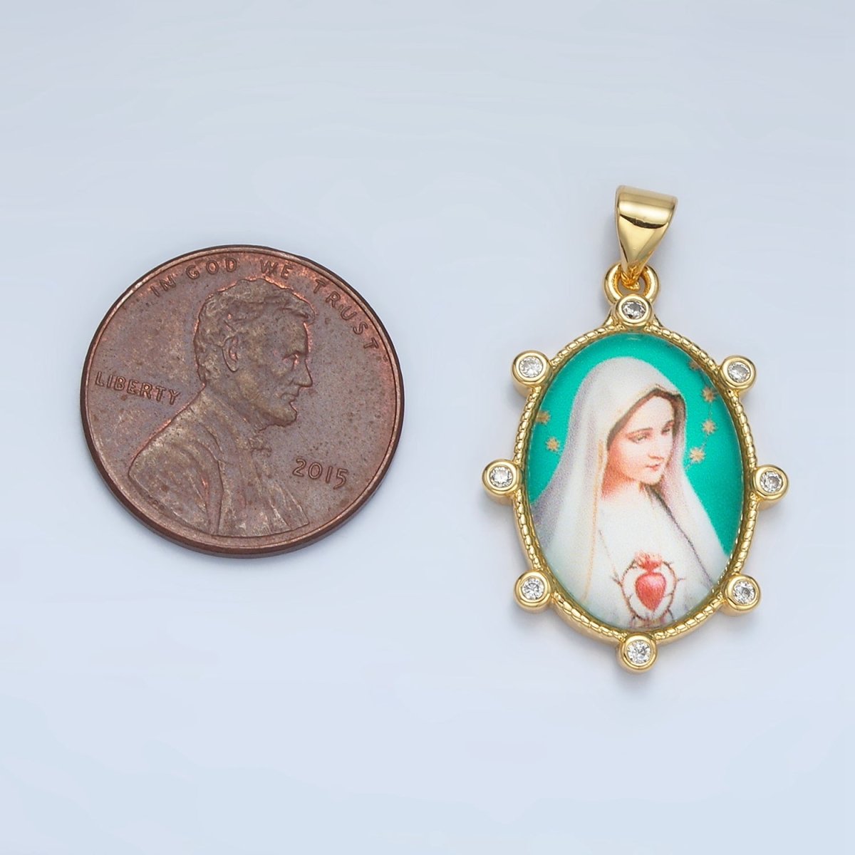 24K Gold Filled Virgin Mother Mary Sacred Heart Cubic Zirconia Oval Religious Pendant | AA - 902 - DLUXCA