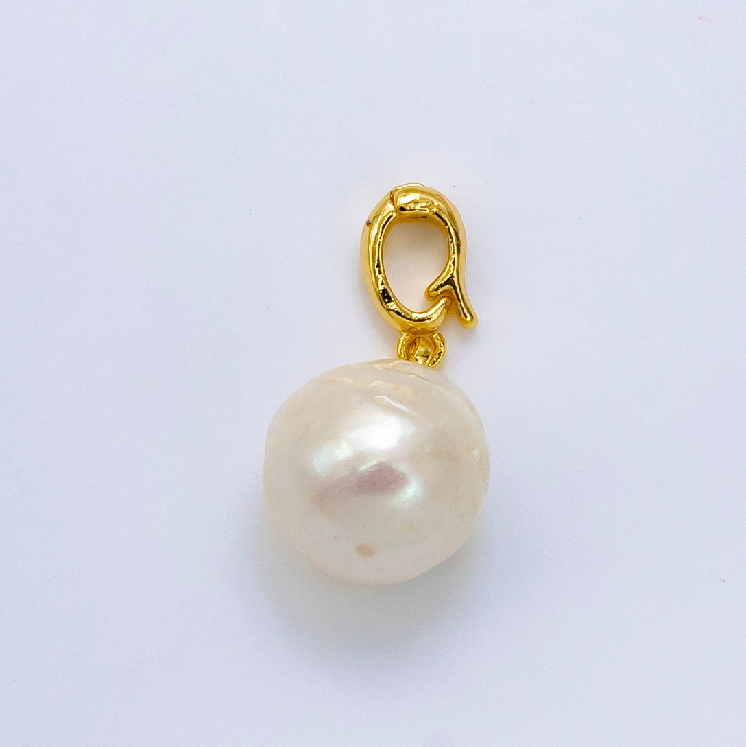 24K Gold Filled White Freshwater Pearl Button Round Snap Latch Bail Pendant | P1909 - DLUXCA