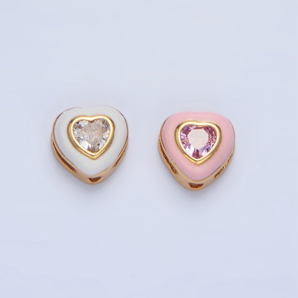 24K Gold Filled White, Pink CZ Enamel Heart Bead | B574 - DLUXCA