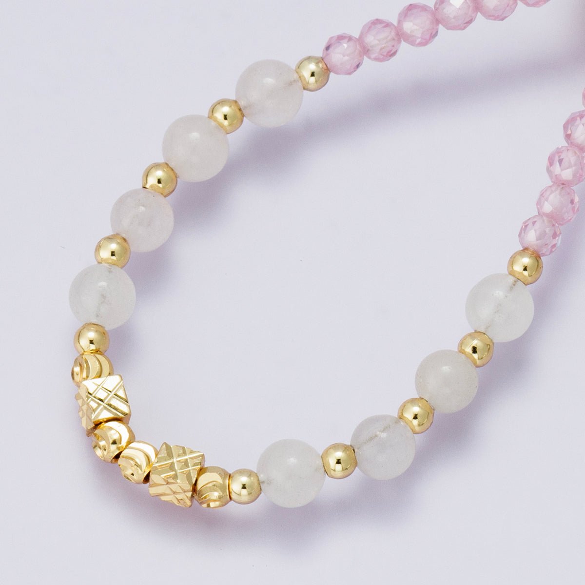 24K Gold Filled White Pink Quartz Multifaceted Gemstone Ball Cable Chain Half 18 Inch Necklace w. Extender | WA - 04234 - DLUXCA