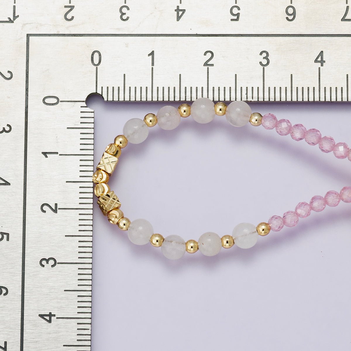 24K Gold Filled White Pink Quartz Multifaceted Gemstone Ball Cable Chain Half 18 Inch Necklace w. Extender | WA - 04234 - DLUXCA