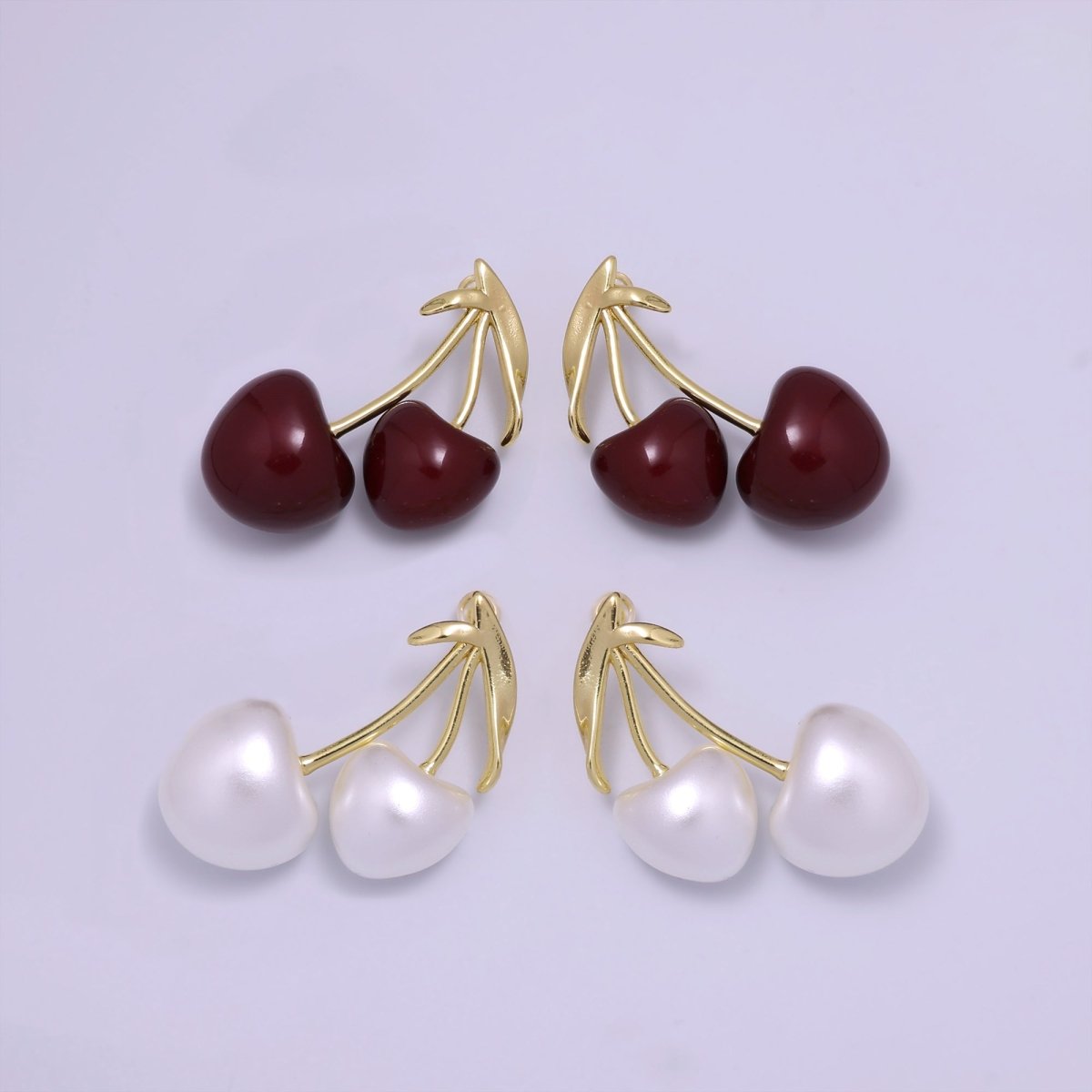 24K Gold Filled White, Red Heart Cherry Fruit Stud Earrings | AB1099 AB1100 - DLUXCA