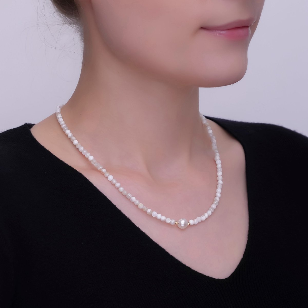 24K Gold Filled White Shell Pearl Gemstone 17 Inch Necklace | WA - 2969 - DLUXCA