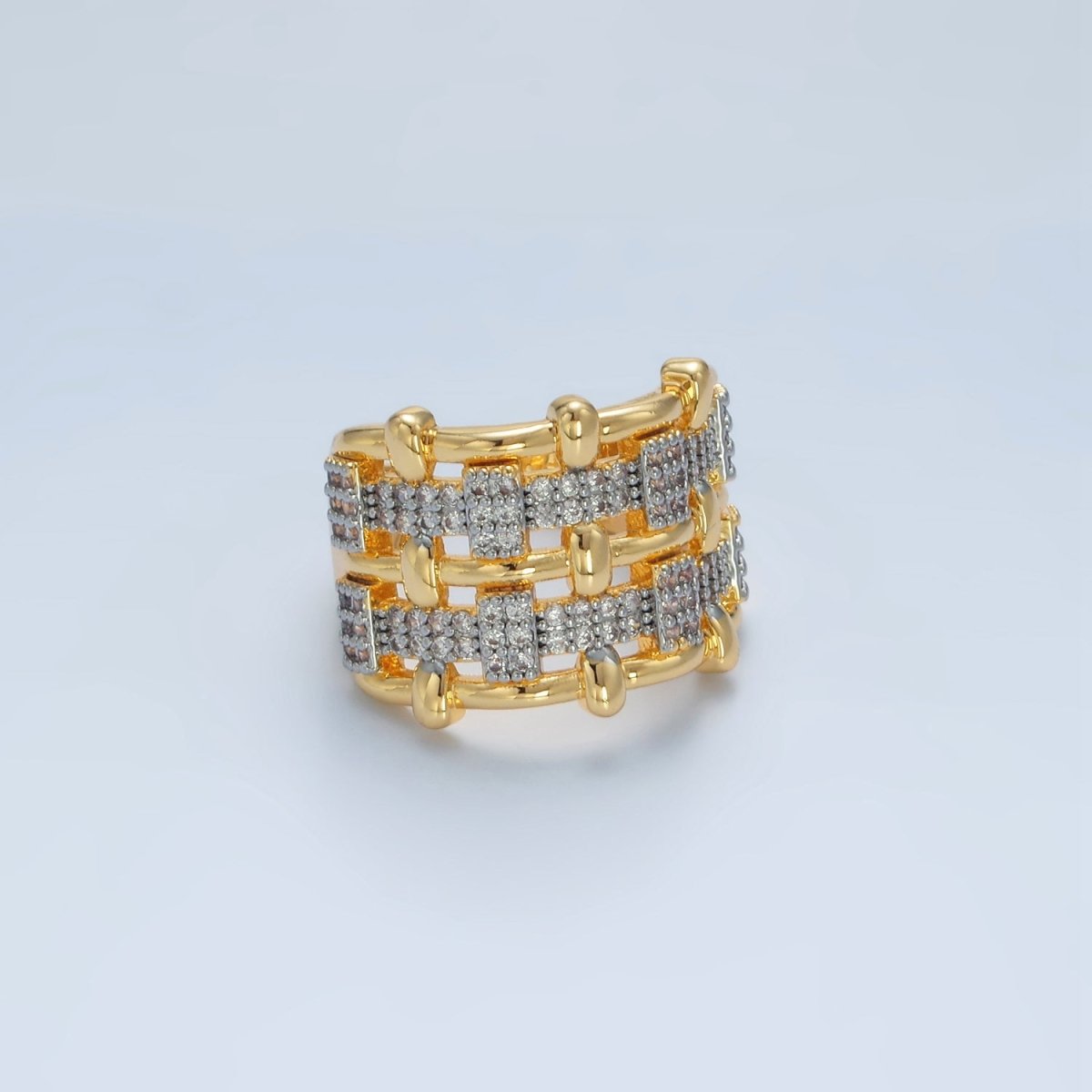 24K Gold Filled Woven Micro Paved CZ Multiple Band Mixed Metal Ring | O1406 - DLUXCA