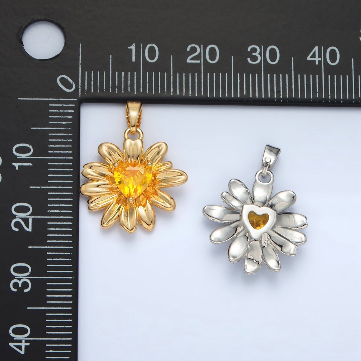 24K Gold Filled Yellow Heart CZ Sunflower Pendant in Gold & Silver | AA1390 - DLUXCA