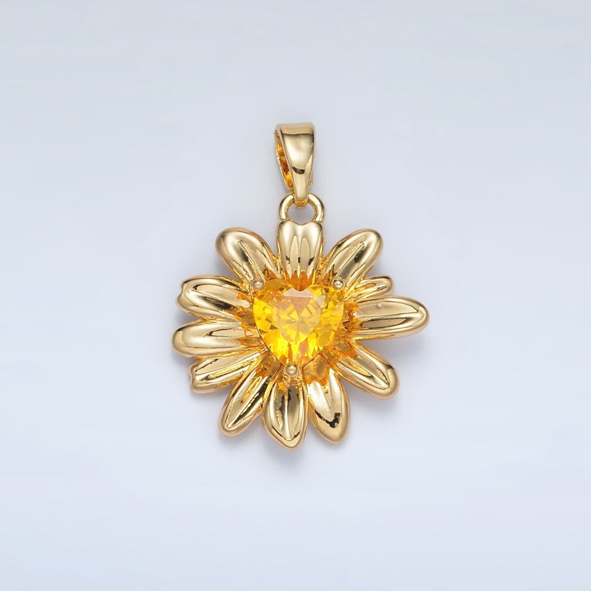 24K Gold Filled Yellow Heart CZ Sunflower Pendant in Gold & Silver | AA1390 - DLUXCA