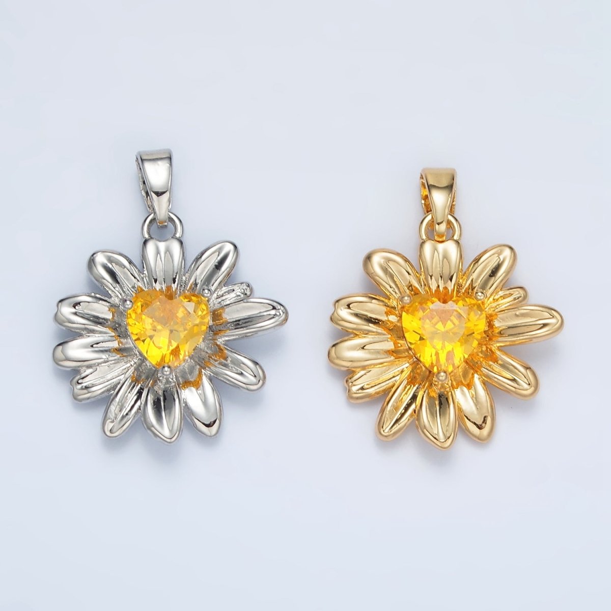 24K Gold Filled Yellow Heart CZ Sunflower Pendant in Gold & Silver | AA1390 - DLUXCA