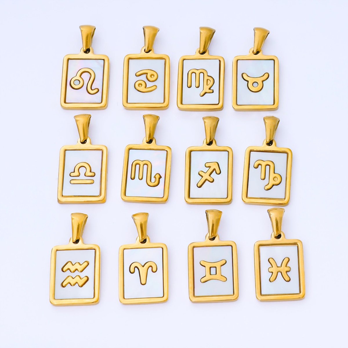 24K Gold Filled Zodiac Sign Shell Pearl Tag Astrology Horoscope Stainless Steel Pendants | A - A1809 - A - A1814 - DLUXCA