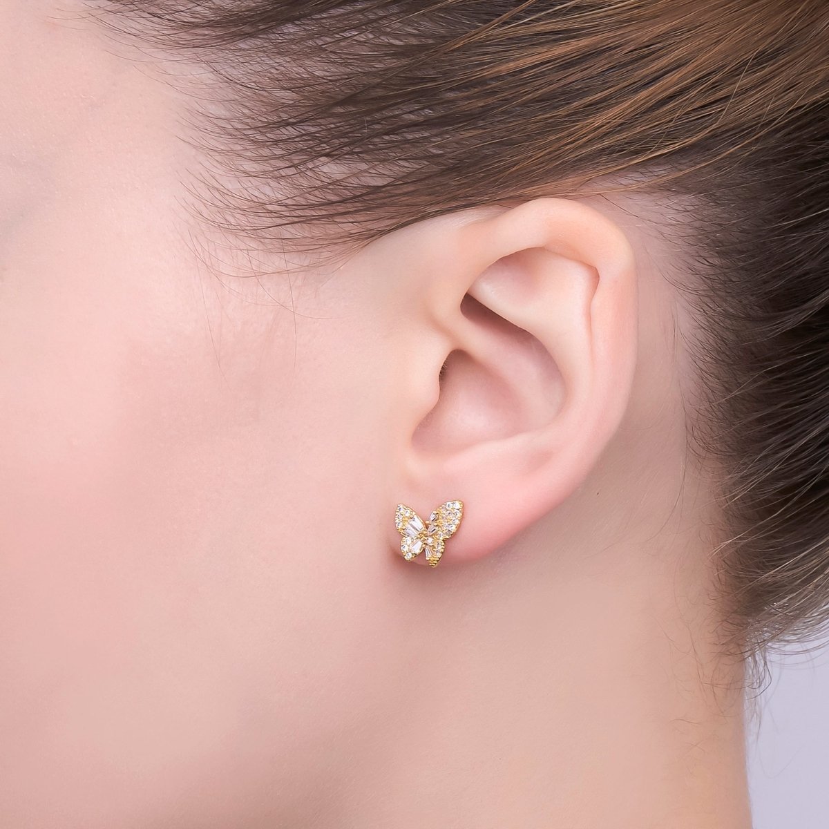 24K Gold Plated Baguette Micro Paved CZ Butterfly Stud Earrings Set in Gold & Silver | AB200 AB221 - DLUXCA