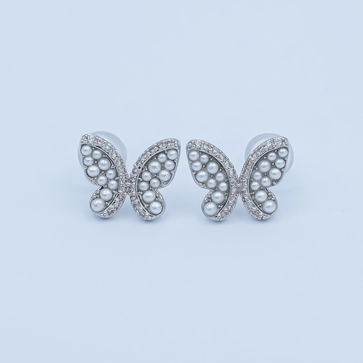 24K Gold Plated Micro Paved CZ Shell Pearl Butterfly Stud Earrings Set in Gold & Silver | AB263 AB264 - DLUXCA
