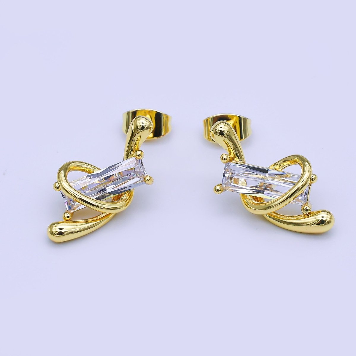 24K Gold Rectangular CZ Twirly Loop Centerpoint Stud Earrings | AI516 - DLUXCA