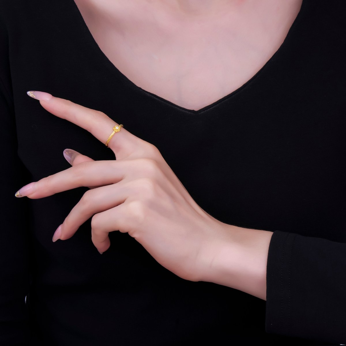 24K Gold Vermeil Round CZ Blooming Petal Rose Flower Dainty Adjustable Ring | SL - 655 - DLUXCA