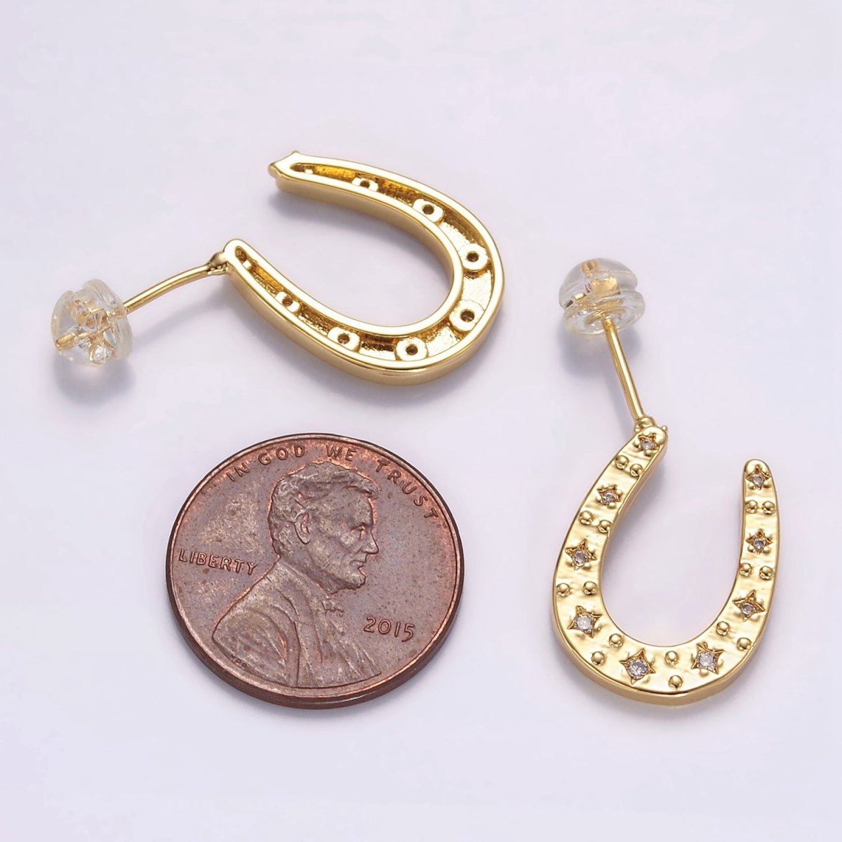 24K Horse Shoe Charm Start CZ Stud Earrings P - 490 - DLUXCA