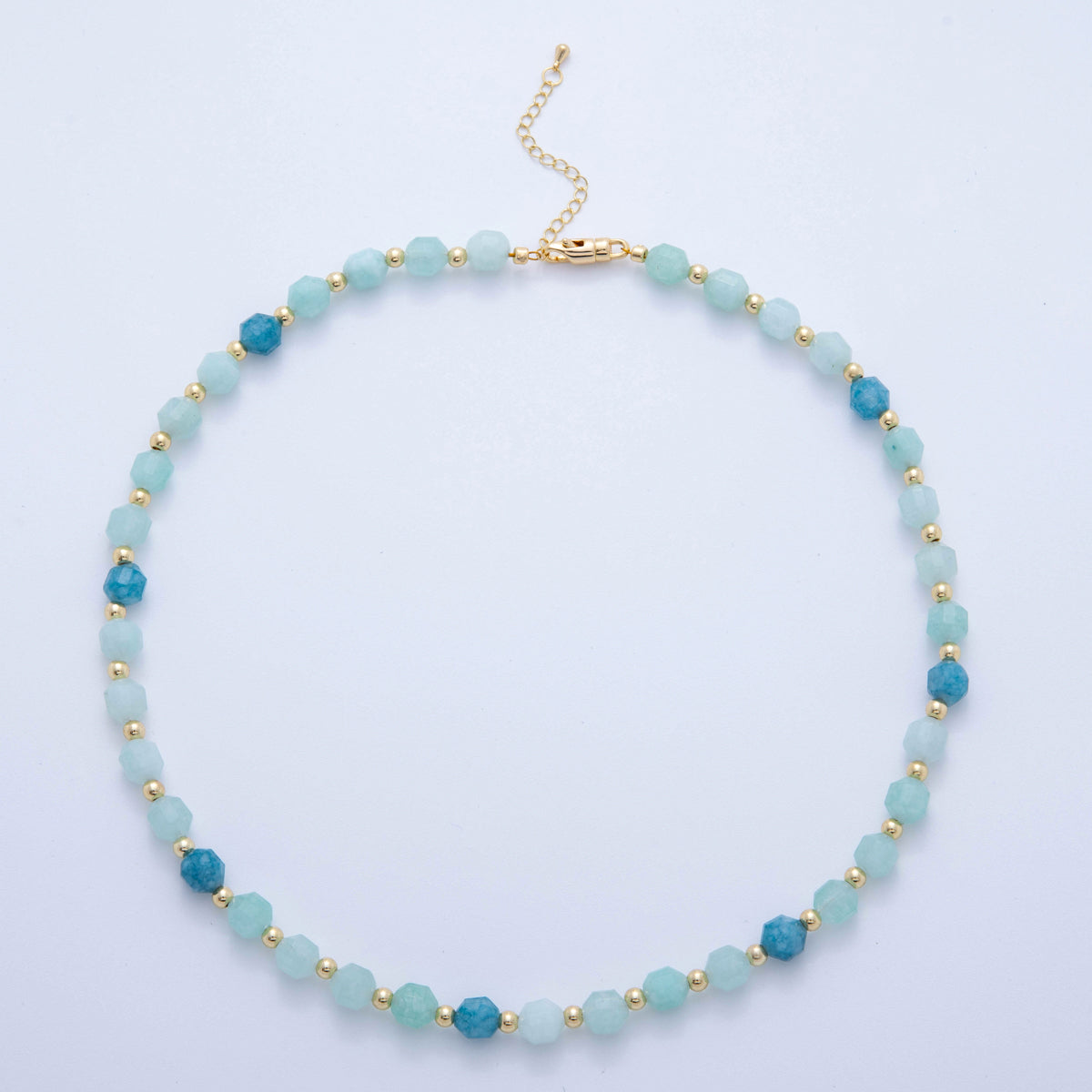 16K Gold Filled Blue Aquamarine Multifaceted Gemstone Bead 17.5 Inch Handmade Necklace | WA-332
