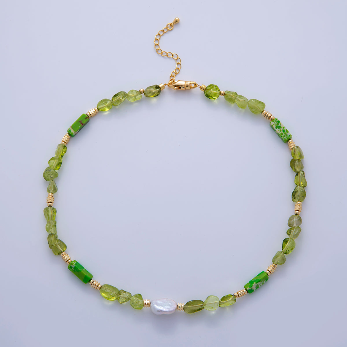 16K Gold Filled Freshwater Pearl Peridot Green Gemstone 16 Inch Handmade Necklace | WA-03179