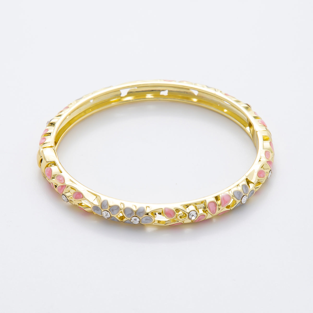 14K Gold Filled Round CZ Enamel Floral Themed Open Round Bangle Bracelet in Pink, Orange, & Blue | WA-292 WA-300 WA-323 WA-370