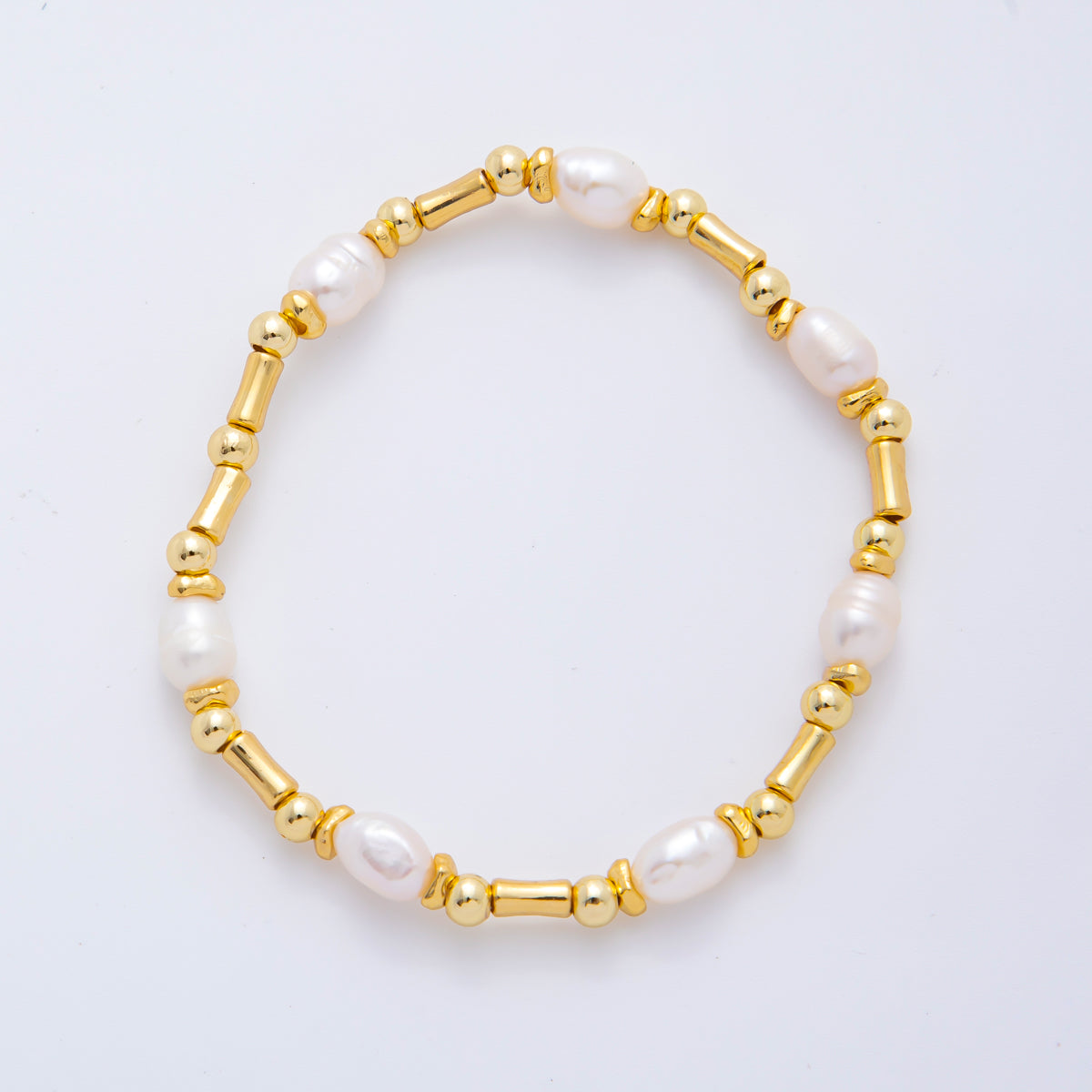 18K Gold Filled Freshwater Pearl Stretch Textured Bead Bracelet | WA-3505 ~ WA-3516