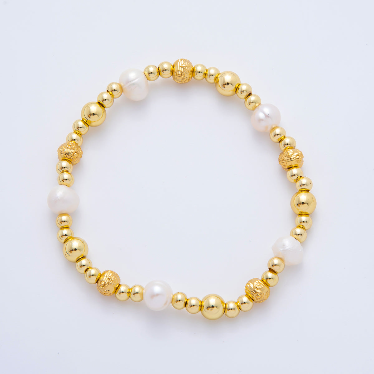 18K Gold Filled Freshwater Pearl Stretch Textured Bead Bracelet | WA-3505 ~ WA-3516