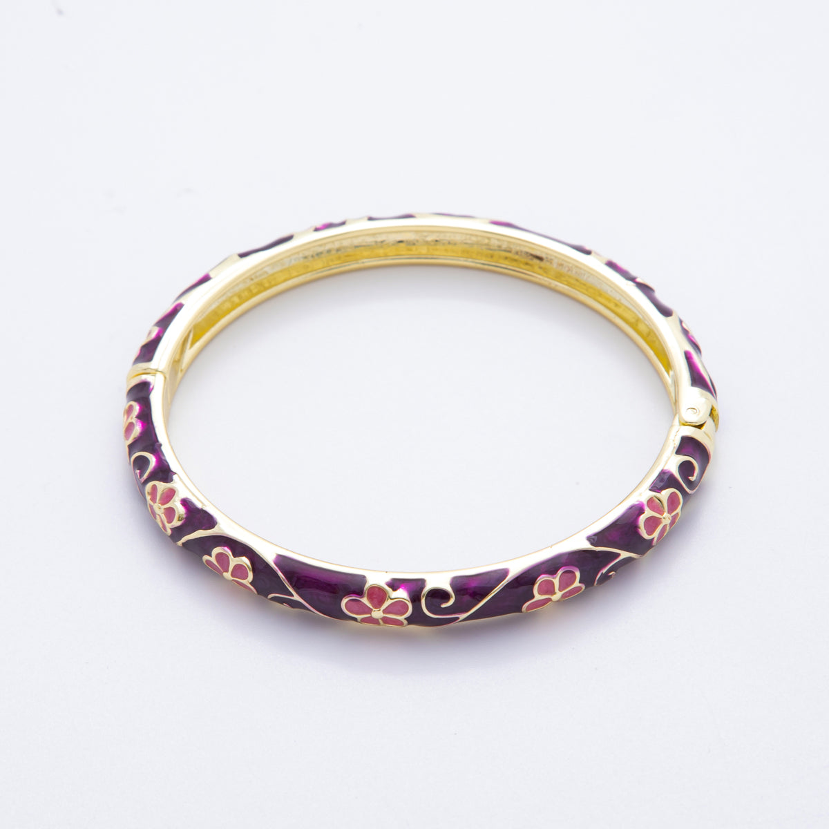 14K Gold Filled Enamel Artisan Floral Linked Open Round Bangle Bracelet in Purple, Pink, & White | WA-A3769 - WA-A3772