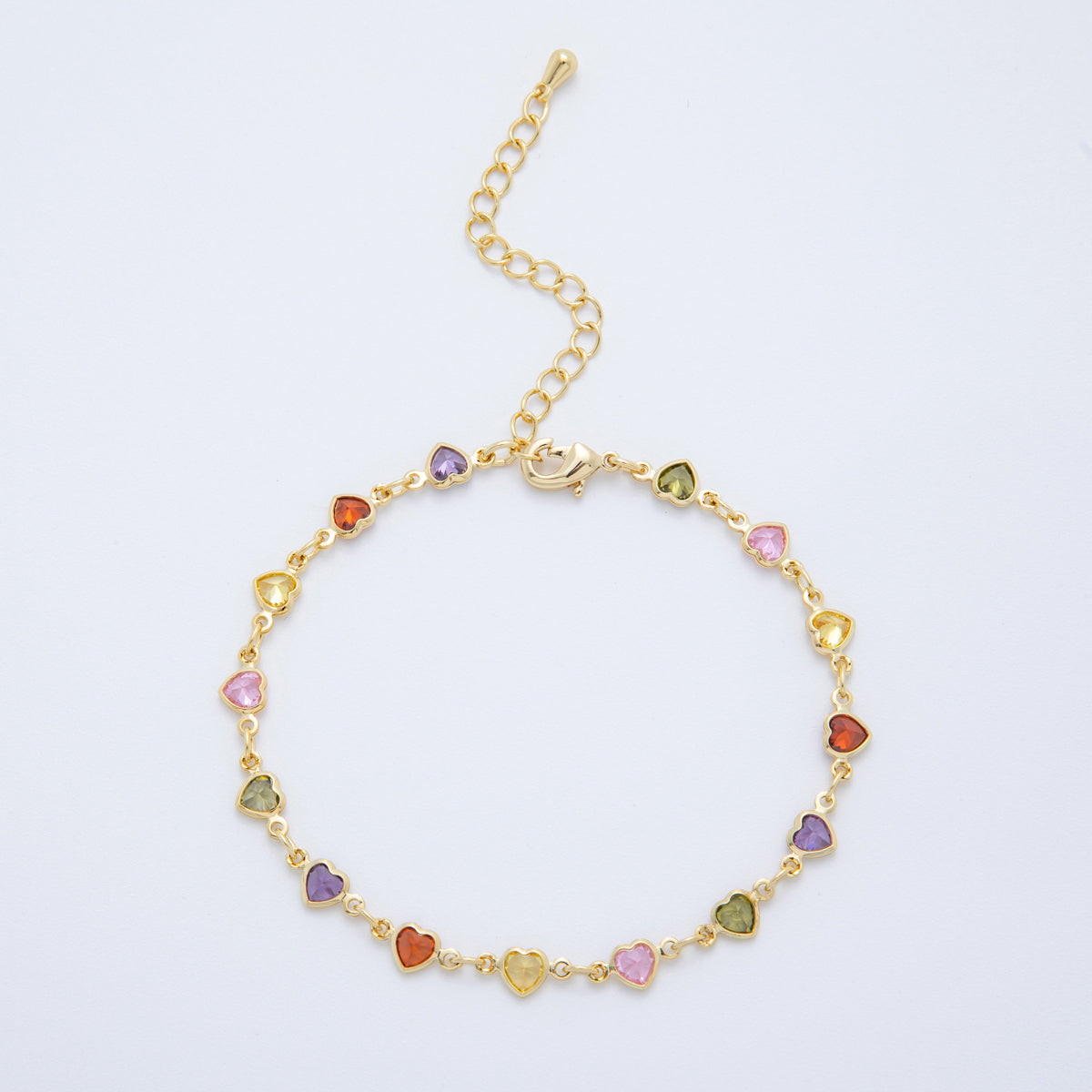 18K Gold Filled Clear, Multicolor, Red CZ Heart Star Sideway Straight 6.9 Inch Bracelet | WA-3781 - WA-3782