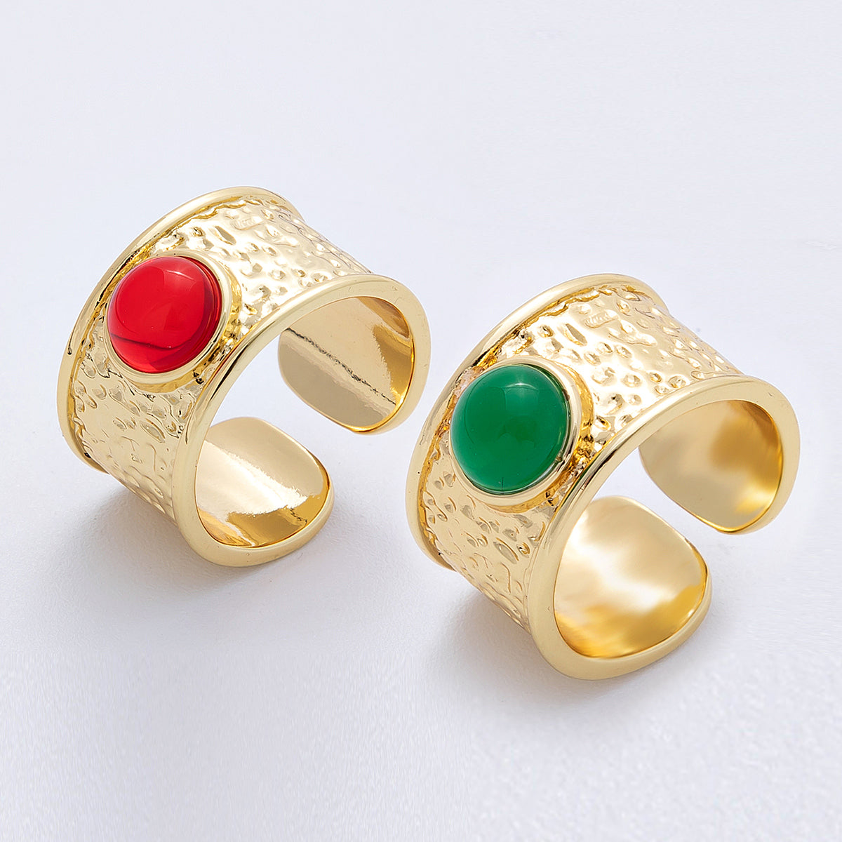 16K Gold Filled Red, Green Cabochon Gemstone Hammered Wide Band Ring | Rings-00023 Rings-00024