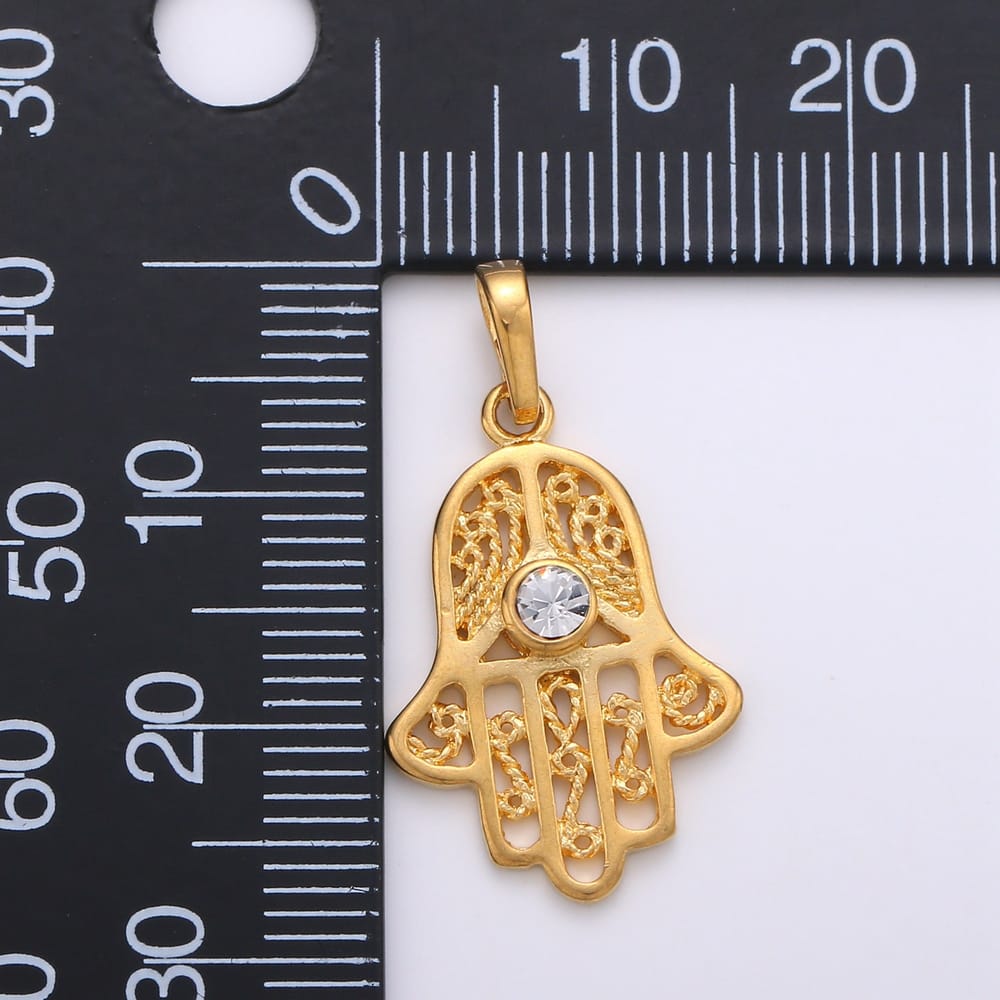24K Gold Filled 28mm Clear CZ Round Filigree Hamsa Hand of Fatimah Religious Pendant | J-00071