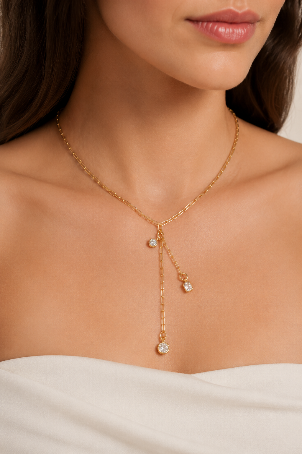 16K Gold Filled 5mm Minimalist Double Drop Lariat Paperclip Chain Push Gate Charm Holder 16 Inch Necklace | WA-00135