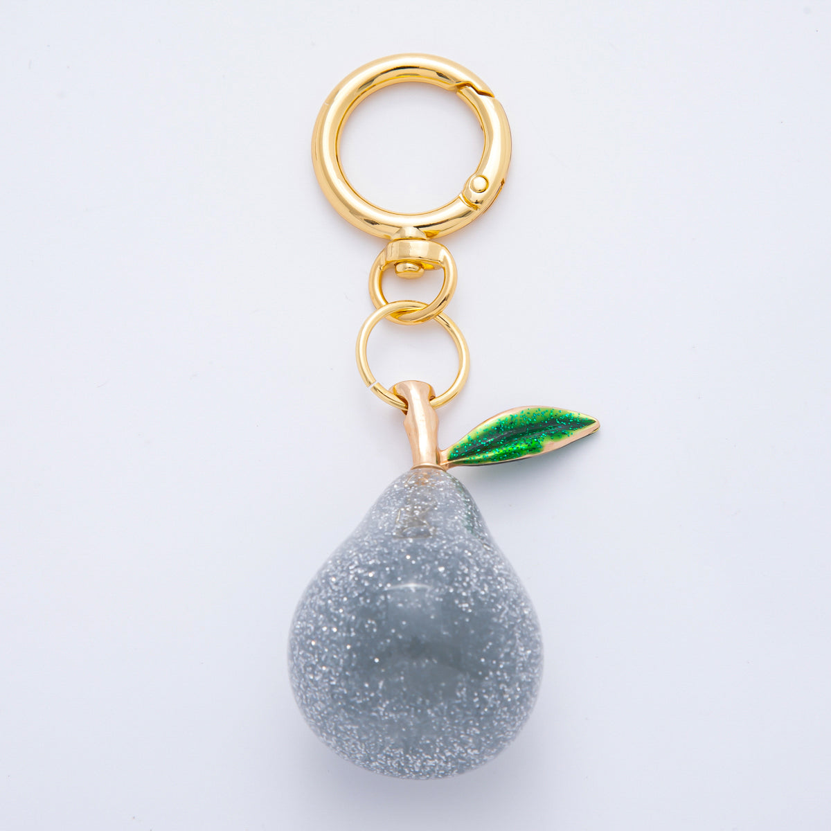 18K Gold Filled Grey, Gold Glittered Acrylic Pear Fruit Charm Bag Key Chain | WB-00119 WB-00120