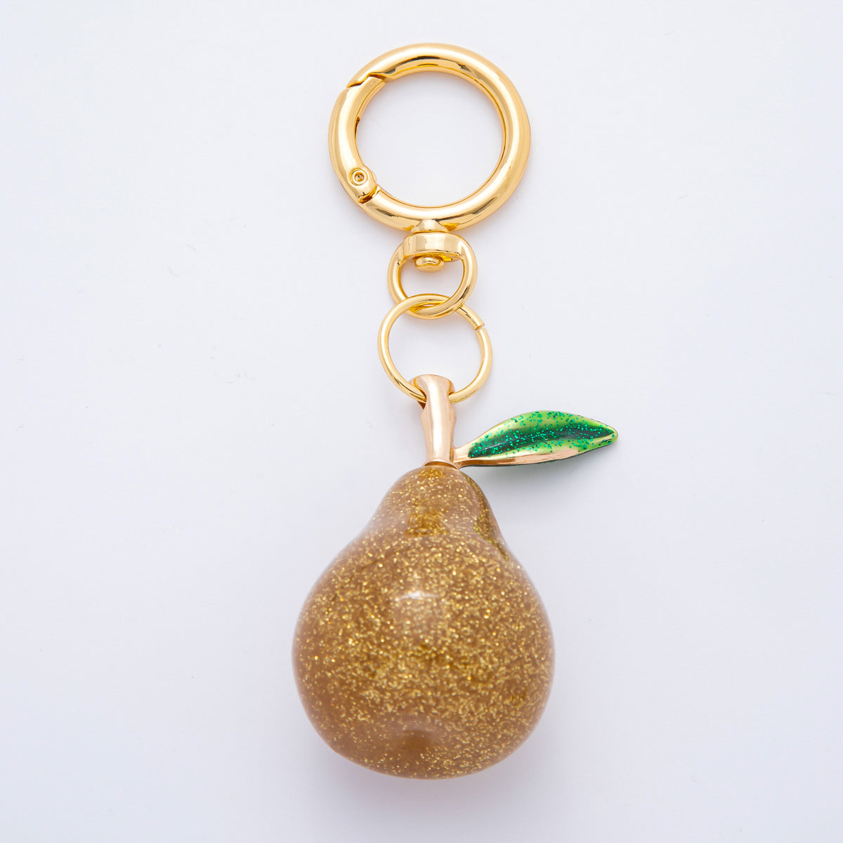 18K Gold Filled Grey, Gold Glittered Acrylic Pear Fruit Charm Bag Key Chain | WB-00119 WB-00120