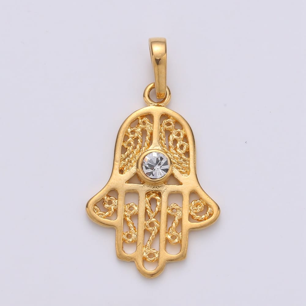 24K Gold Filled 28mm Clear CZ Round Filigree Hamsa Hand of Fatimah Religious Pendant | J-00071