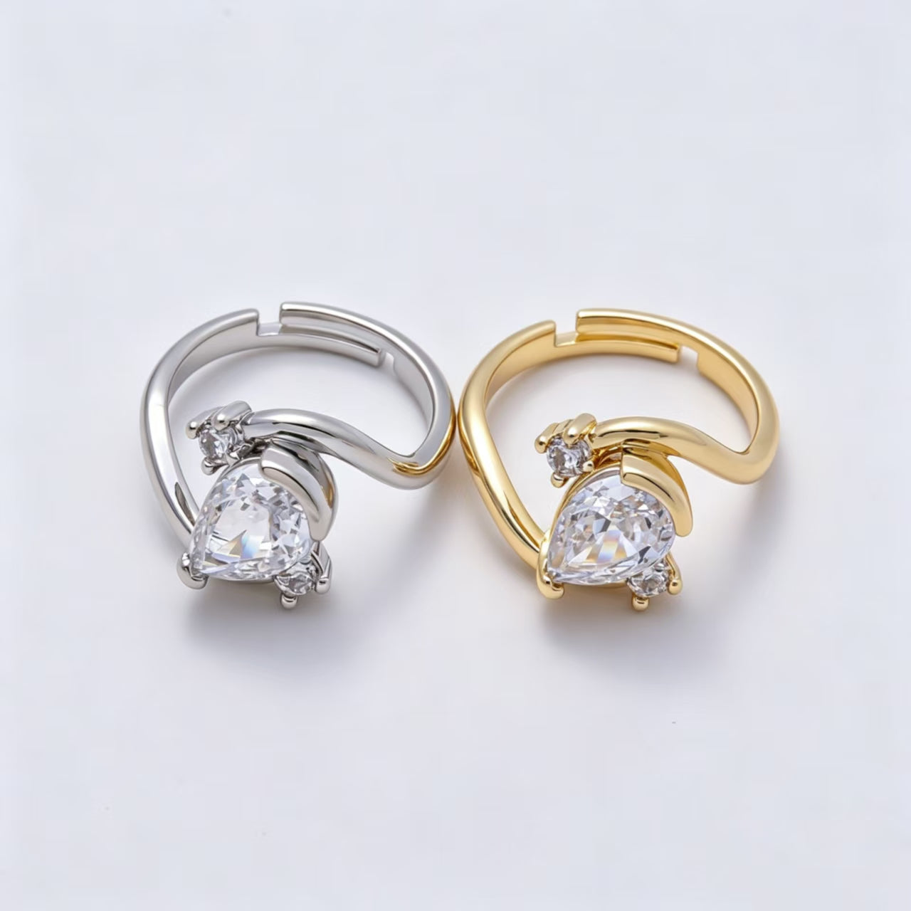 16K Gold Filled Clear Teardrop CZ Curved Solitaire Ring in Gold & Silver | Rings-00123 Rings-00171