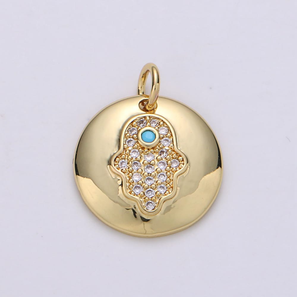 14k Gold Filled 20mm Micro Pave CZ Turquoise Hamsa Hand Bezel Round Charm | D-00678