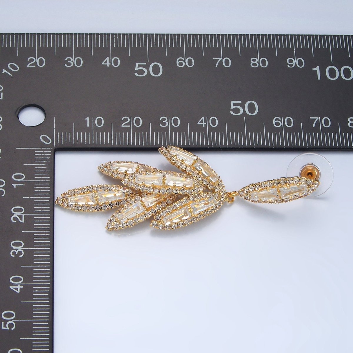 65mm Leaf Sphere Baguette CZ Micro Paved Drop Stud Earrings in Gold & Silver | P174 P183 - DLUXCA