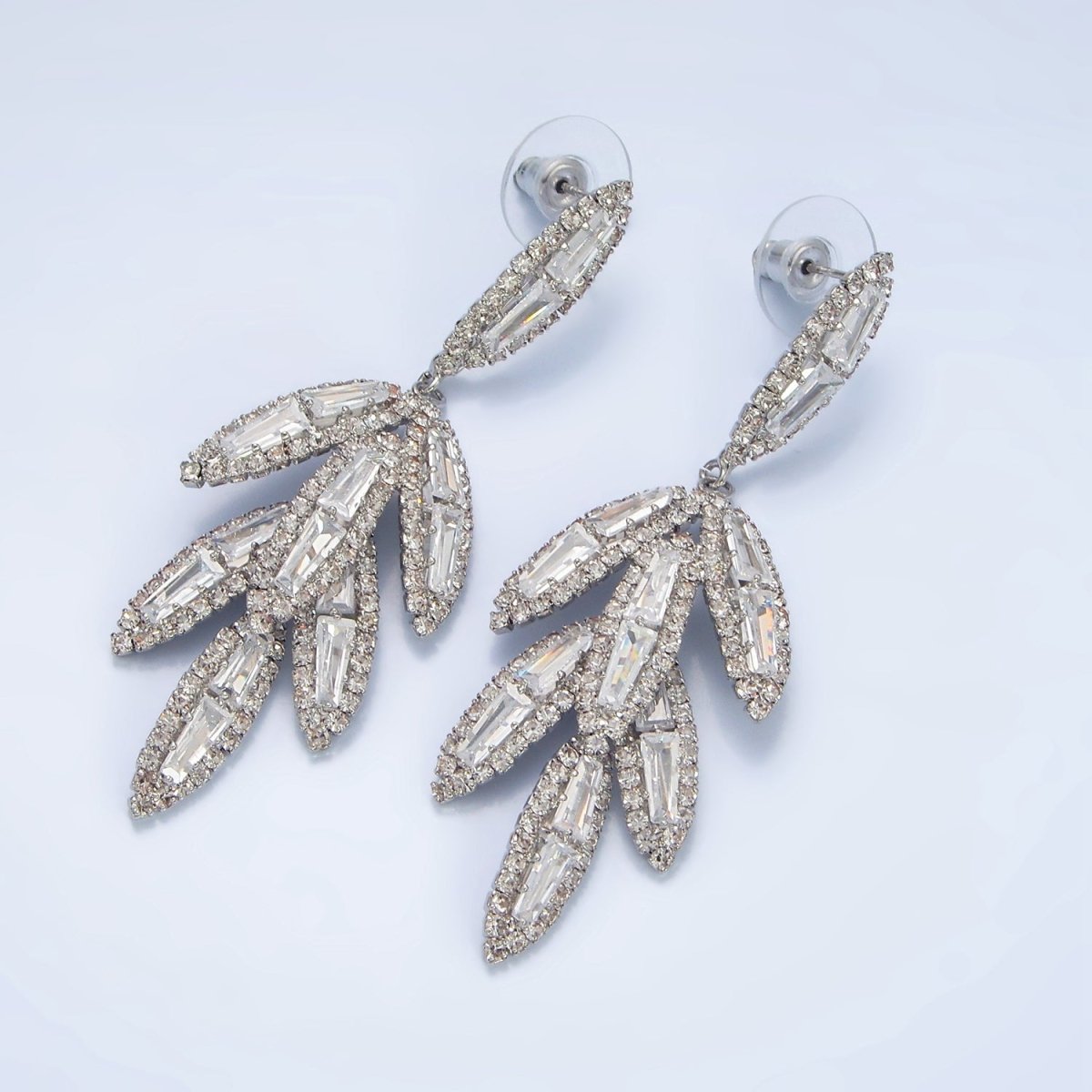 65mm Leaf Sphere Baguette CZ Micro Paved Drop Stud Earrings in Gold & Silver | P174 P183 - DLUXCA