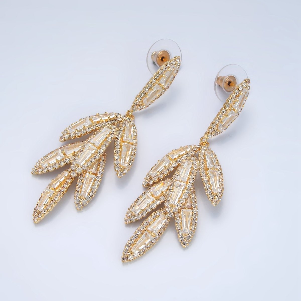 65mm Leaf Sphere Baguette CZ Micro Paved Drop Stud Earrings in Gold & Silver | P174 P183 - DLUXCA