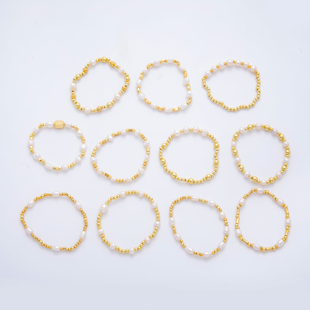 18K Gold Filled Freshwater Pearl Stretch Textured Bead Bracelet | WA-3505 ~ WA-3516
