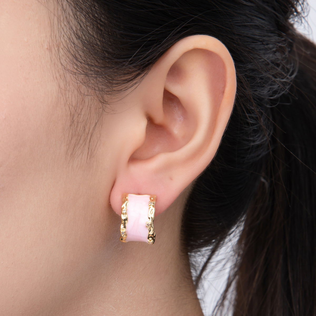 18K Gold Filled Enamel Geometric Curve C-Hoops Earrings in White, Blue, & Pink | AJ198 - AJ200