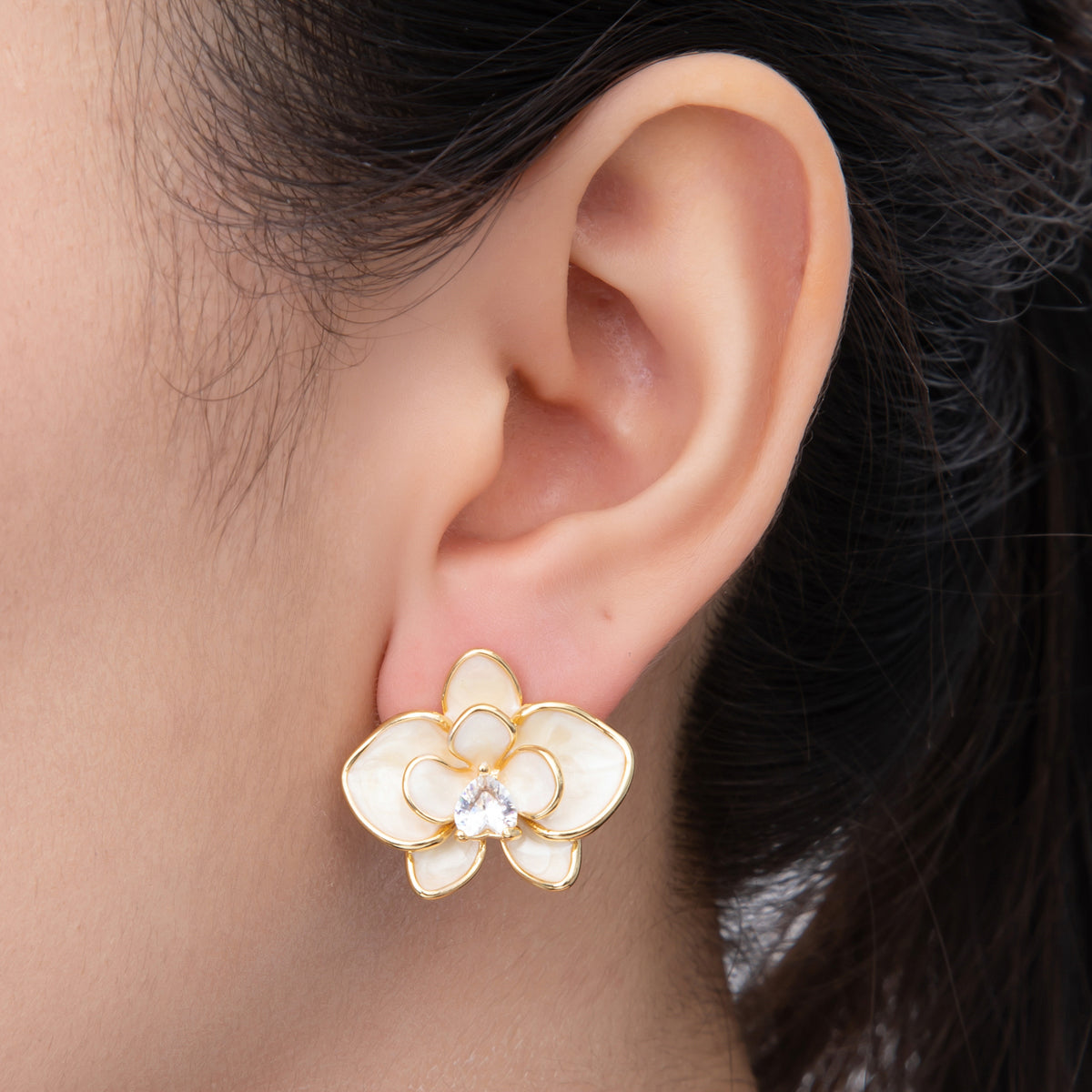 18K Gold Filled Heart-Shaped CZ Enamel Bloom Orchid Floral Studs Earrings in White, Blue, & Pink | AJ195 - AJ197