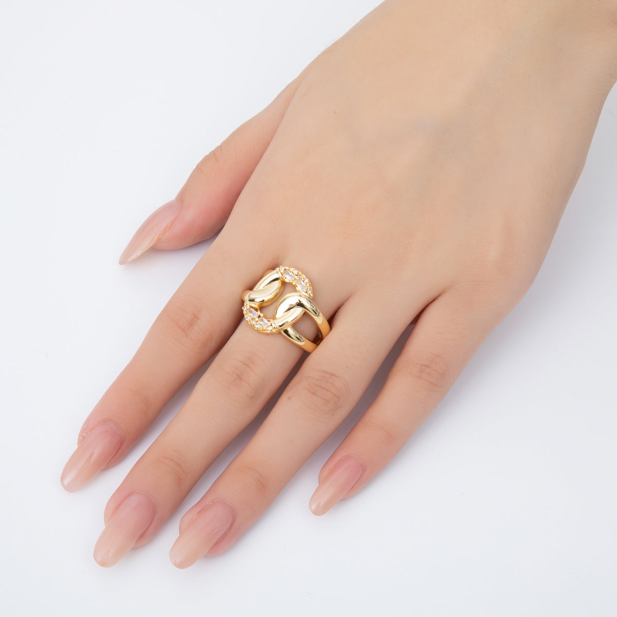 18K Gold Filled Micro Paved & Baguette CZ Eclipse Loop Knot Open Ring | O109