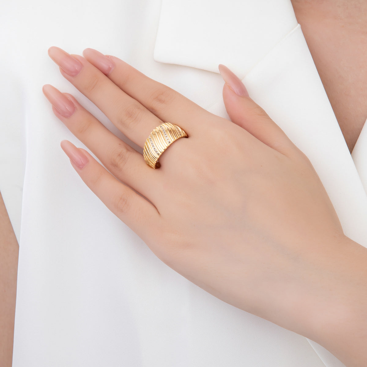 18K Gold Filled Micro Paved CZ Ribbed Line-Textured Wide Dome Ring | O485