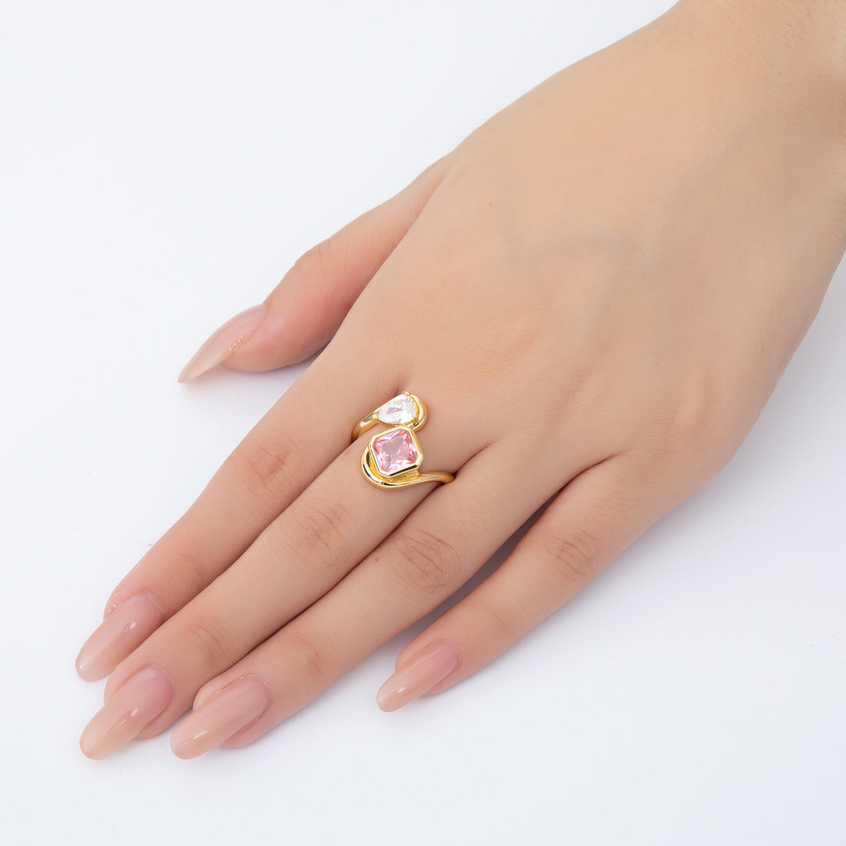 18K Gold Filled Clear, Pink CZ Square Teardrop Curved Adjustable Ring | O238