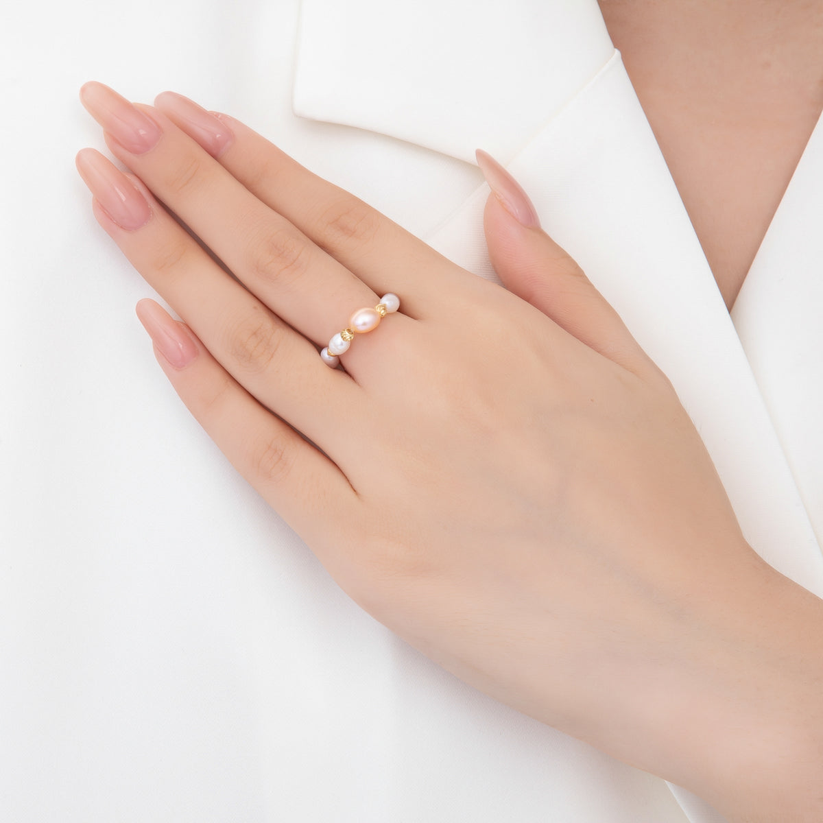 18K Gold Filled Freshwater Pearl Bead Handmade Stretch Ring | O-055