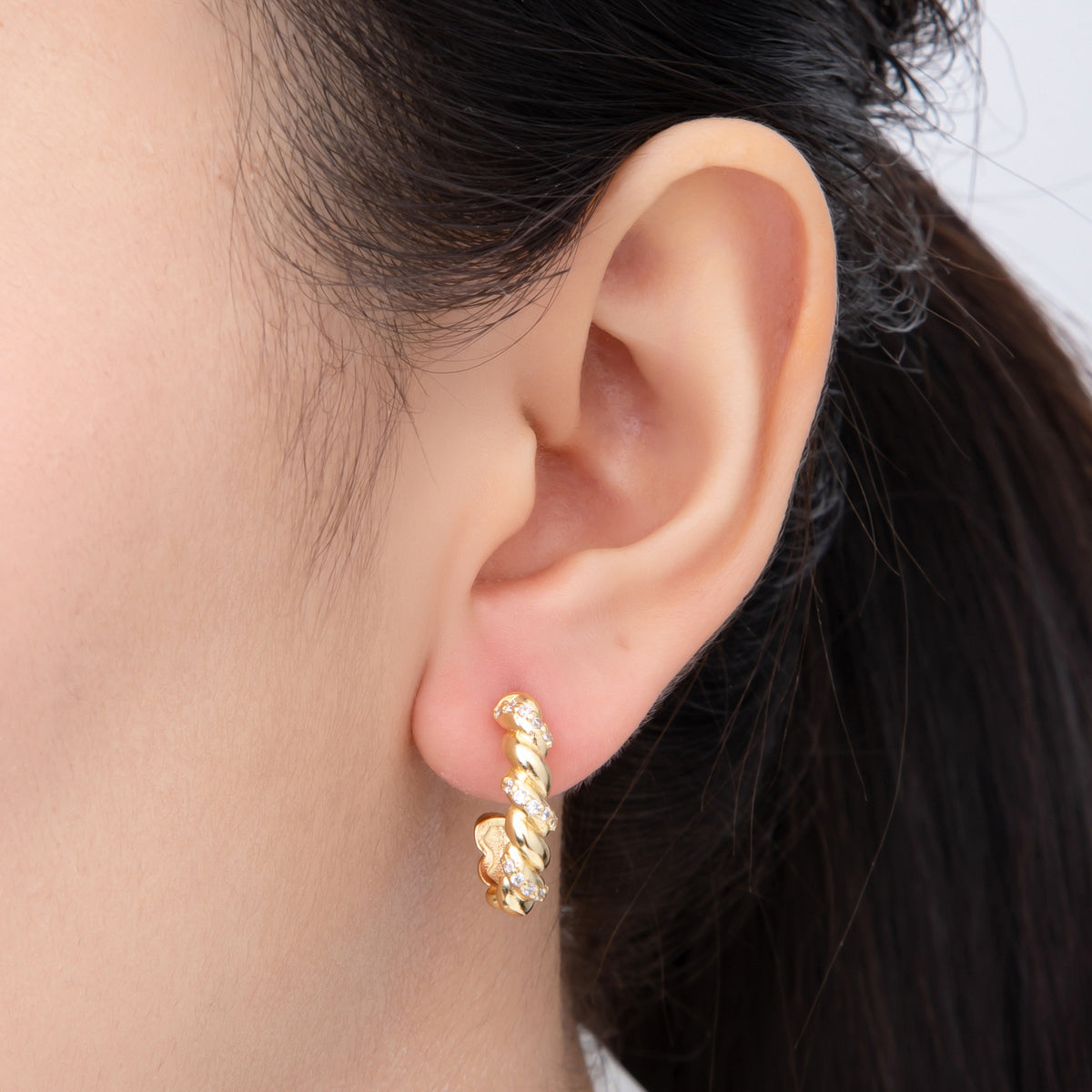 18K Gold Filled Micro Paved CZ Twisted Gleam Hoops Earrings in Gold & Silver | AJ207 AJ208