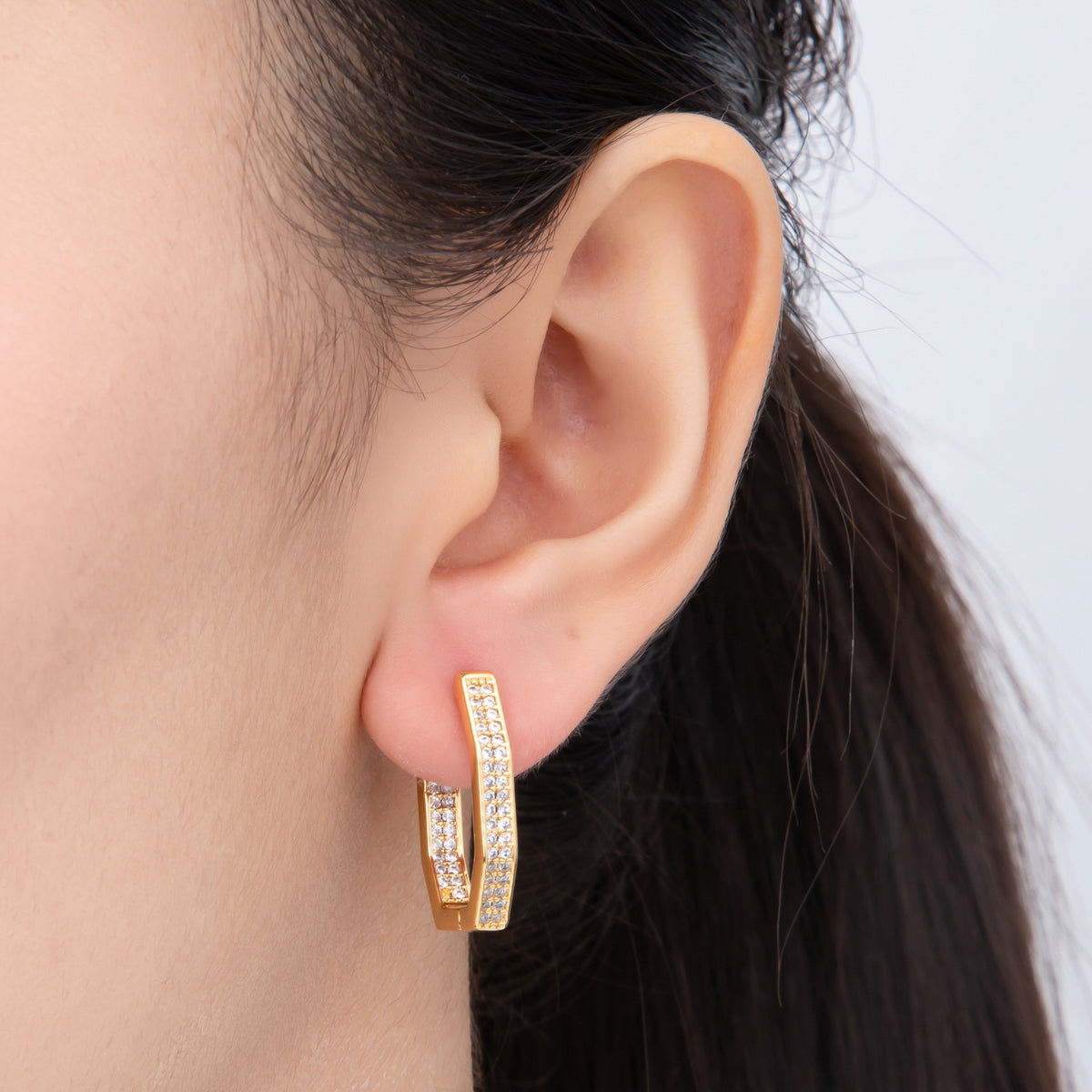 18K Gold Filled Micro Paved CZ Octagon Geometrical Lever Back Hoops Earrings | AJ220