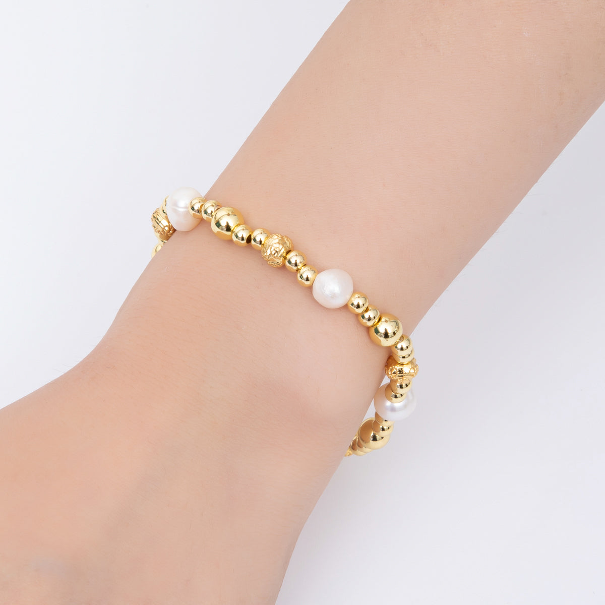 18K Gold Filled Freshwater Pearl Stretch Textured Bead Bracelet | WA-3505 ~ WA-3516
