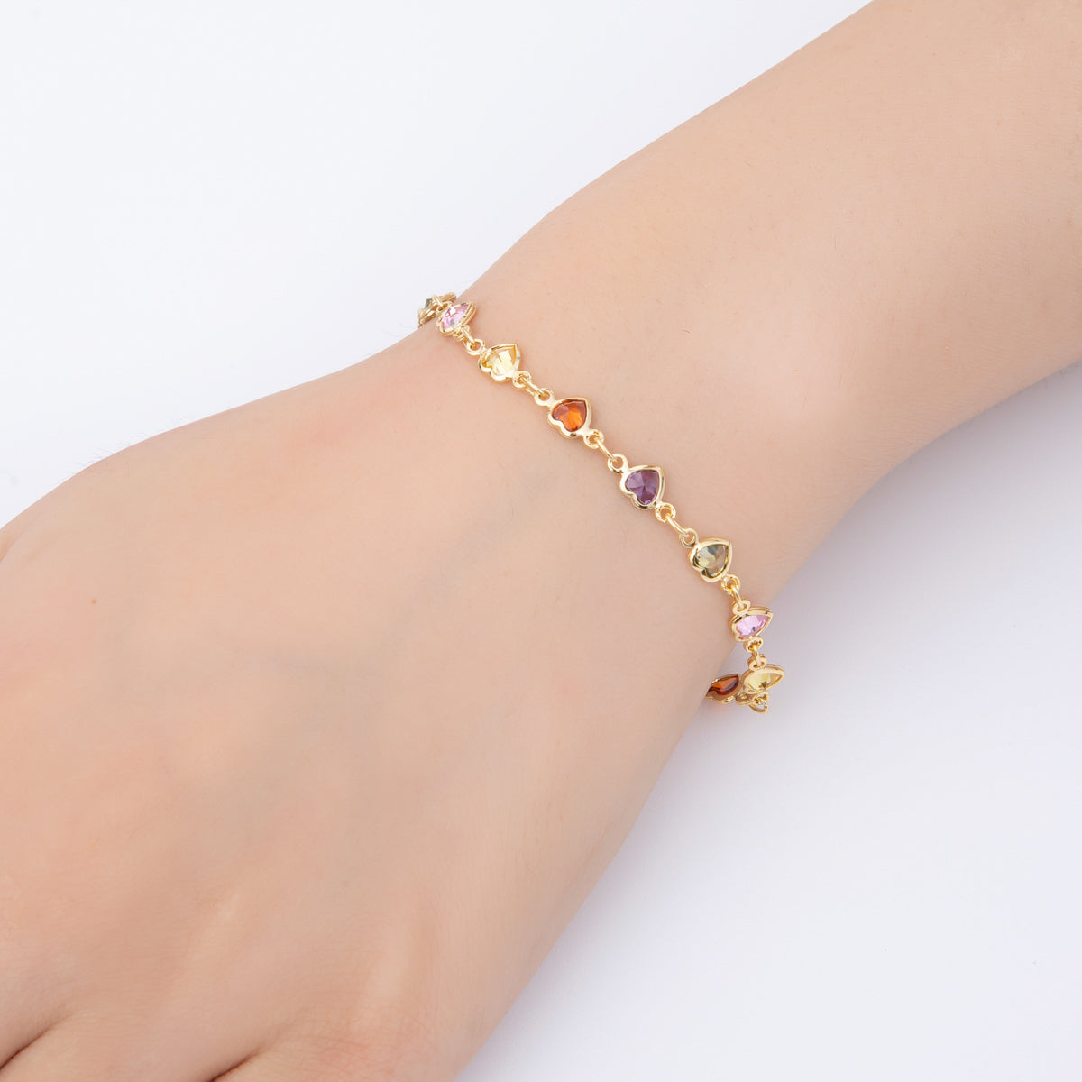 18K Gold Filled Clear, Multicolor, Red CZ Heart Star Sideway Straight 6.9 Inch Bracelet | WA-3781 - WA-3782