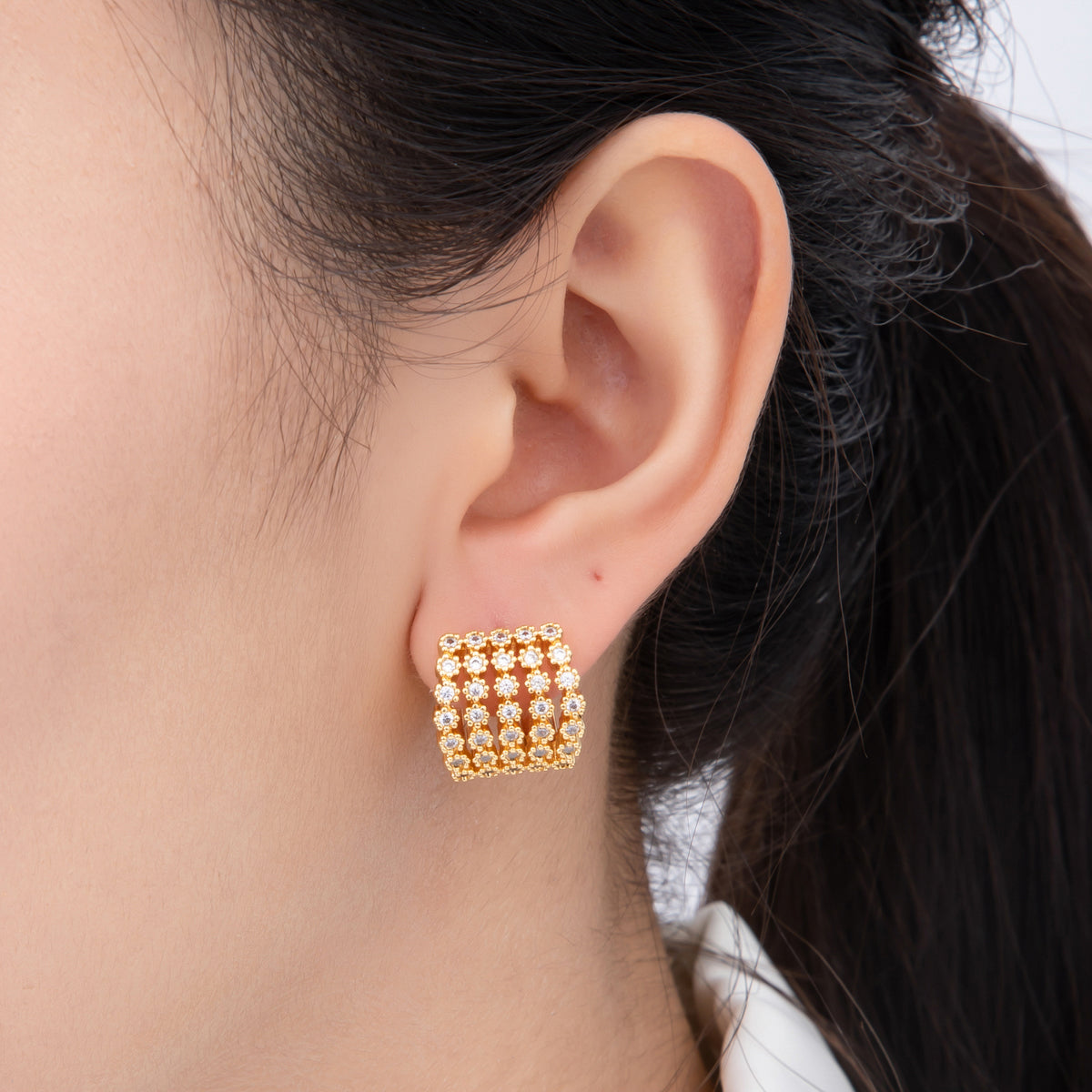 18K Gold Filled Micro Paved CZ Dome English Lock Hoops Earrings | AJ201