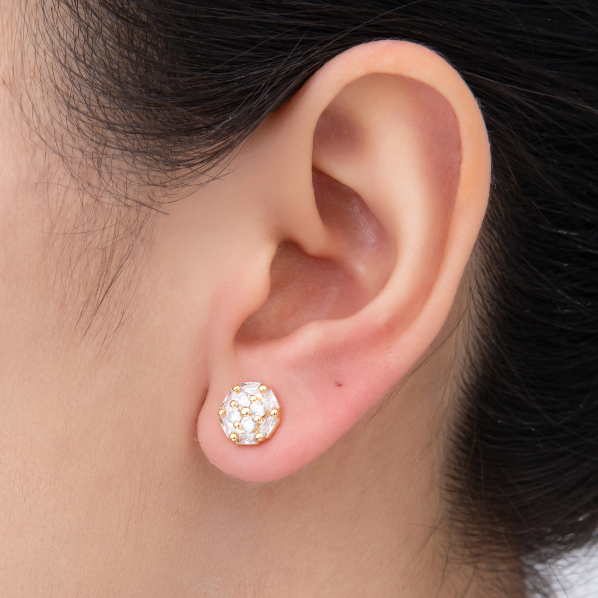 18K Gold Filled 8.8mm Clear, Purple, Pink Micro Paved CZ Baguette Round Stud Earrings | AJ274 AJ204 AJ206
